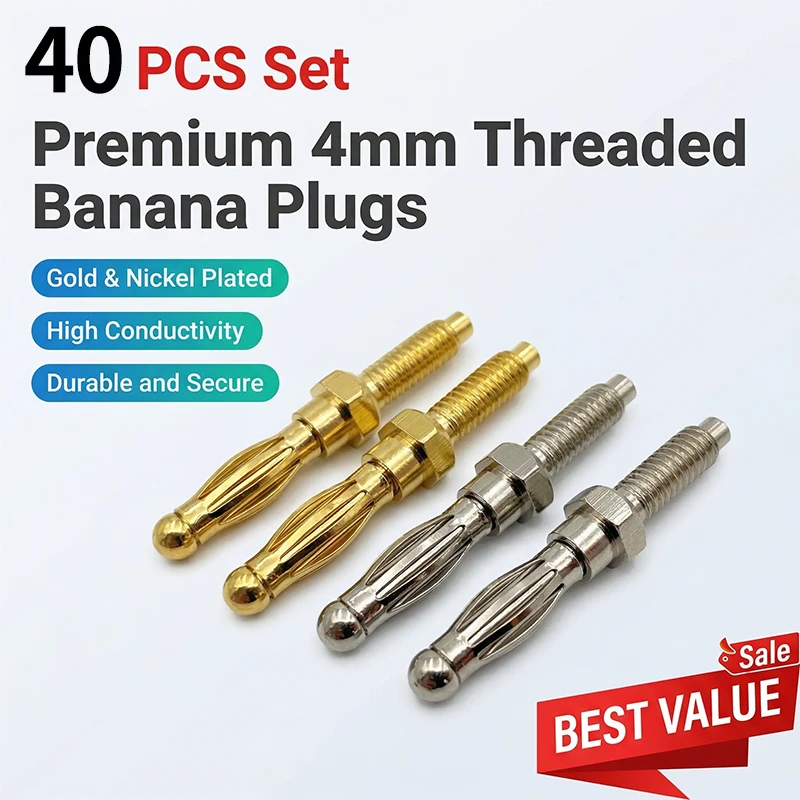 40Pcs 4mm Gold & Nickel Plated Banana Plug, M4 Thread Screw Connector for Panel Mount Audio Installation
