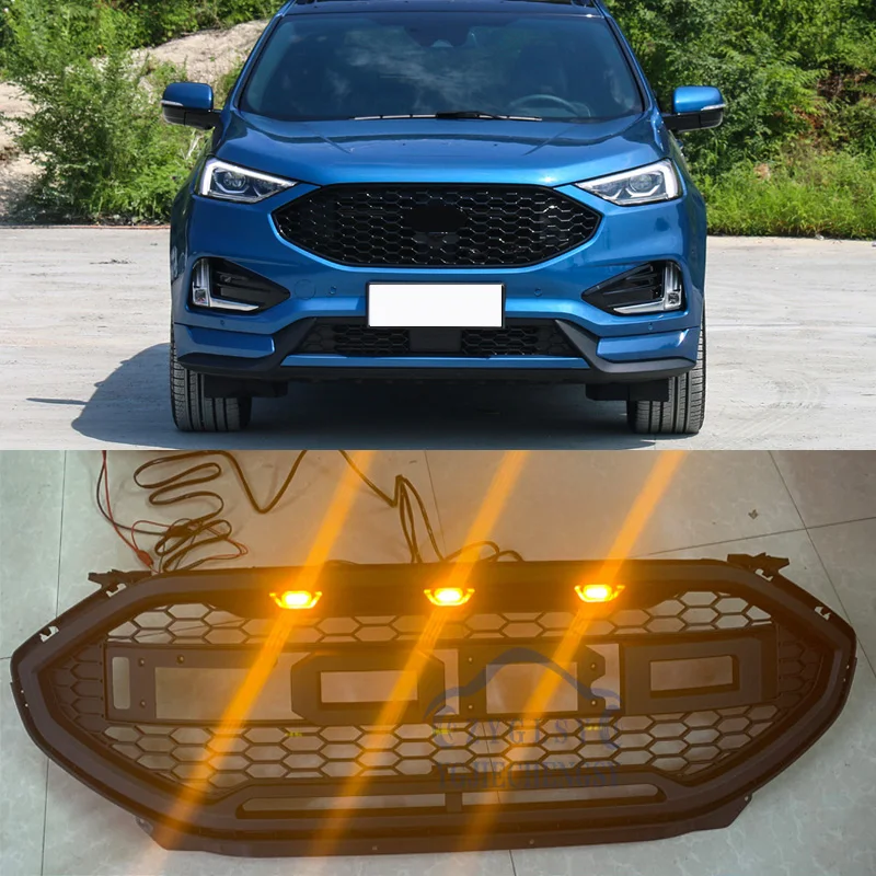 Front Middle Racing Grille ABS For Ford Edge 2019 2020 2021 Honeycomb Amber LED Lights Grills Grid Mesh Style Bumper Mask Cover