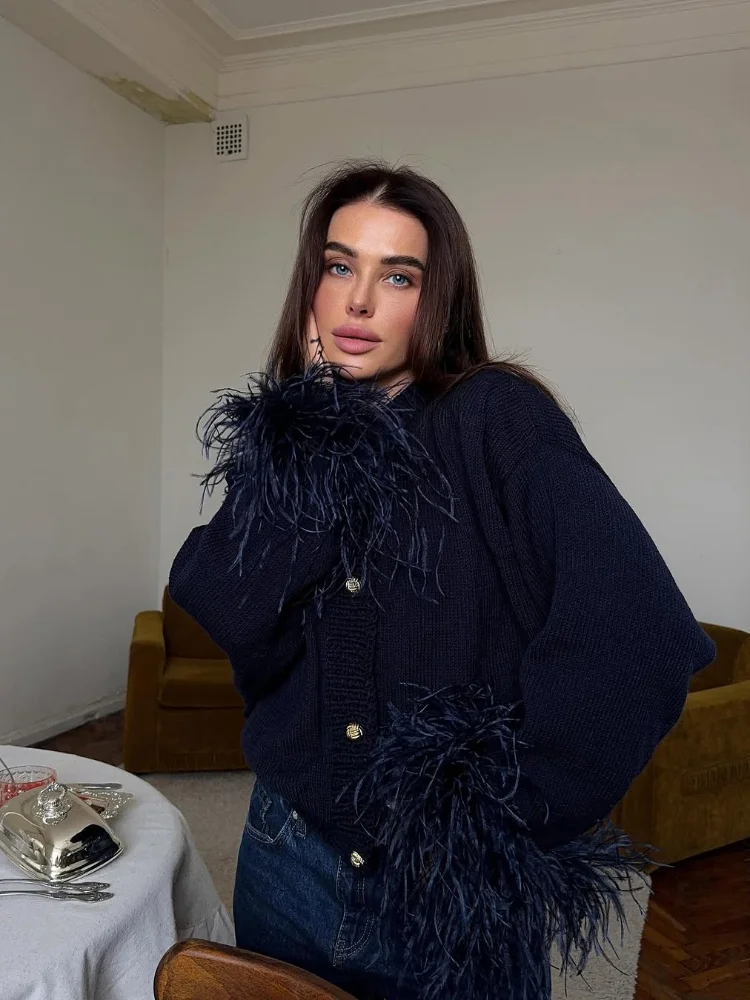 Women Chic Feather Patchwork Knitted Cardigan O-neck Long Sleeve Single-breasted Short Sweater 2025 Lady High Street Knitwear ﻿