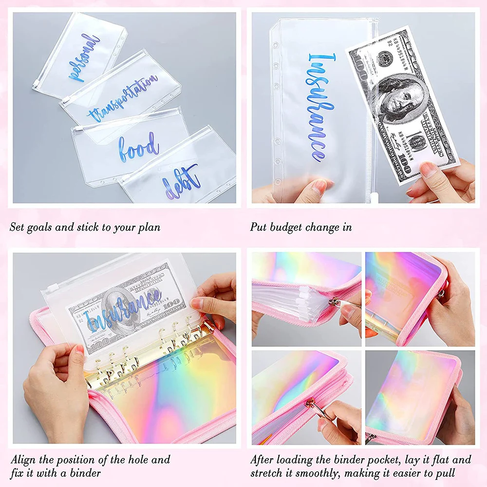 12Pcs A6 Cash Planner Binder Pocket File Organizer Storage Folder Transparent PVC Loose Leaf Pouch with Zipper Filing Binder