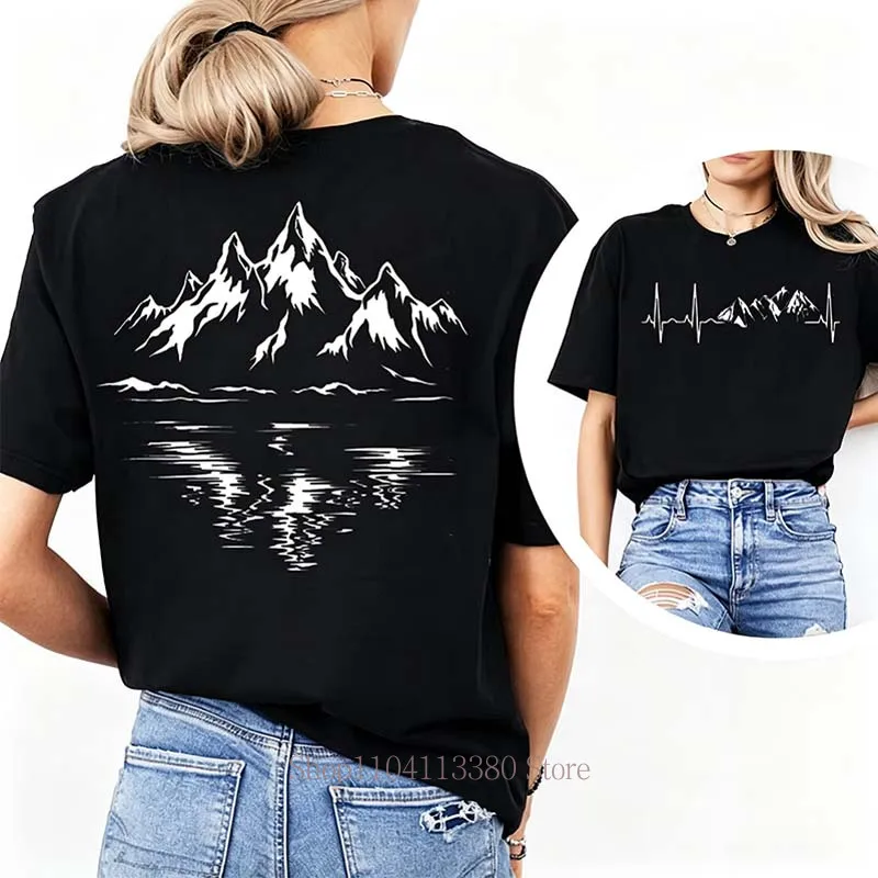 Line Mountain Print T-shirt for Women Summer Casual Fashion Minimalist Tops Loose High Street Crew Neck Short Sleeve Cotton Tees