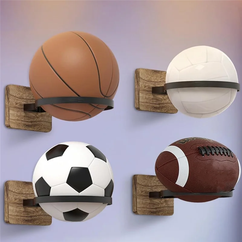 B48B-Rak Penyimpanan Bola dari Kayu untuk Dinding, 4 Buah, untuk Menampilkan Bola Basket, Sepak Bola, Rugby