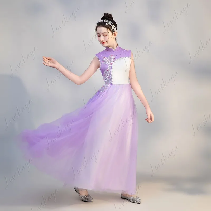 

Детская одежда для выступлений Guzheng, новое фиолетовое китайское элегантное длинное платье Эрху, одежда Guzheng для девочек