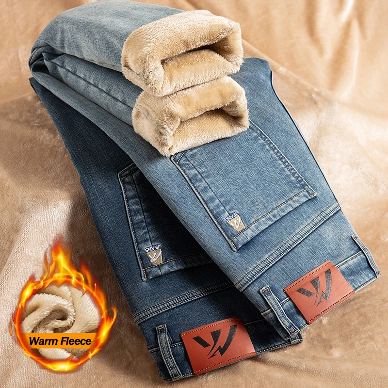 Velo quente inverno calças de brim masculinas alta qualidade conforto elástico em linha reta pelúcia veludo engrossado calças jeans moda coreana