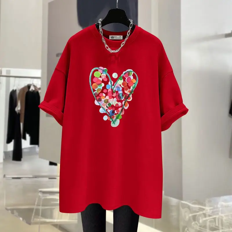 Summer Love Printed Pure Cotton Short Sleeve T-shirt Women Casual Loose O-neck Tees Basic Chic Tops