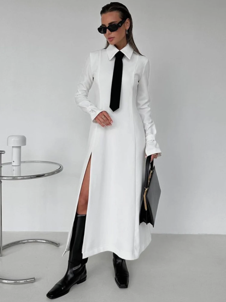 TARUXY abito lungo con spacco laterale per donna bianco elegante colletto rovesciato cravatta abiti Midi Femme 2024 New Street abito snello