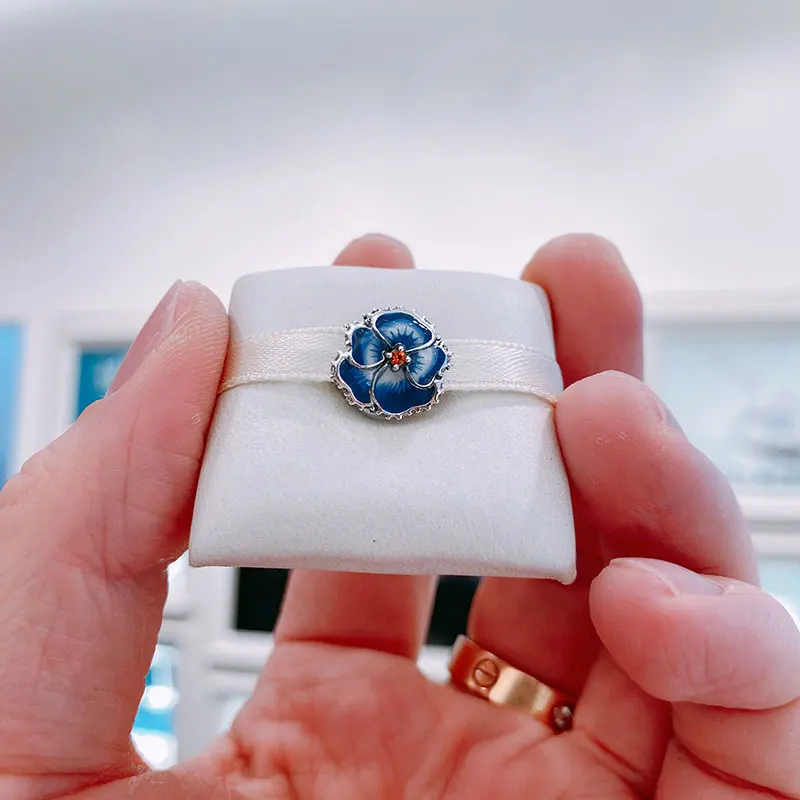 2022 Spring Collection 925 Sterling Silver Blue Pansy Flower Charm Bead Fits All European Pandora Jewelry Bracelets Necklaces