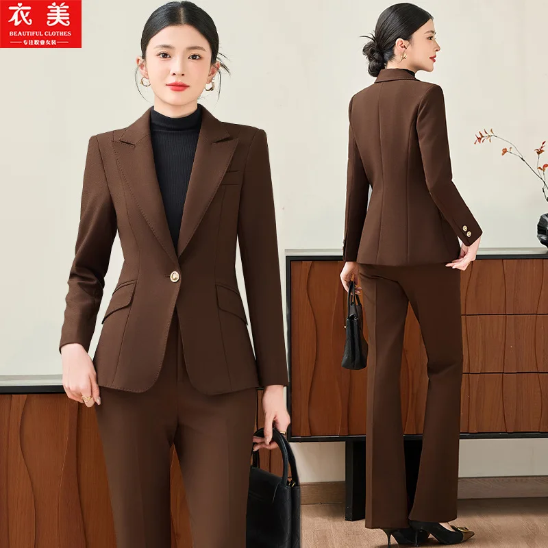 

Brown Long Sleeve Blazer and Pants Set for Women, Autumn and Winter New Two-Piece Suit, Professional Elegant Commuting Formal We