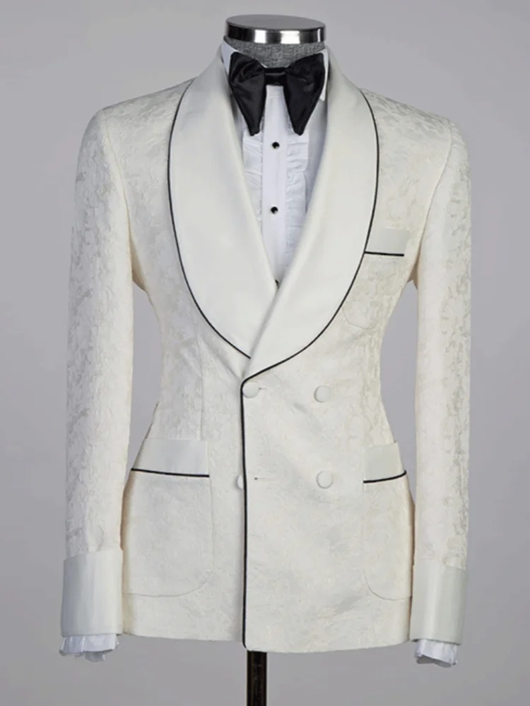 Men's Elegant White Dinner Jacket Shawl Lapel Floral Jacquard Prom Suit Coat