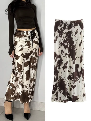 Falda de satén con estampado Animal para mujer, faldas por debajo de la rodilla con volantes a la moda y cinturón, falda informal para mujer, faldas largas elegantes de calle 2025