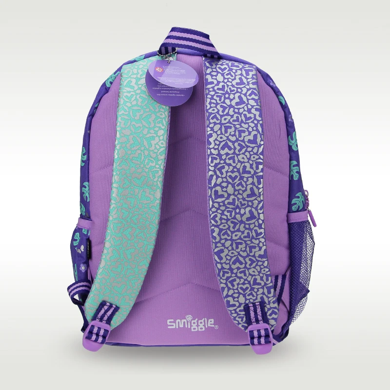 Smiggle, superventas Original, bolso escolar para niños, mochila de hombro para niñas, bolso dulce de leopardo lindo púrpura de 7 a 12 años y 16 pulgadas