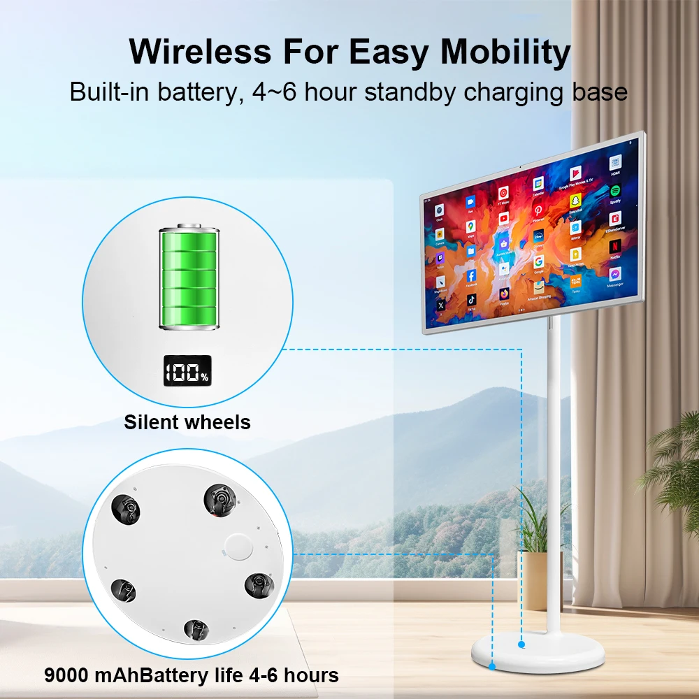 24-calowy bezprzewodowy ekran dotykowy Android TV Monitor Home Entertainment Podświetlenie LED Biała szafka System operacyjny Android 12 Stojak w zestawie