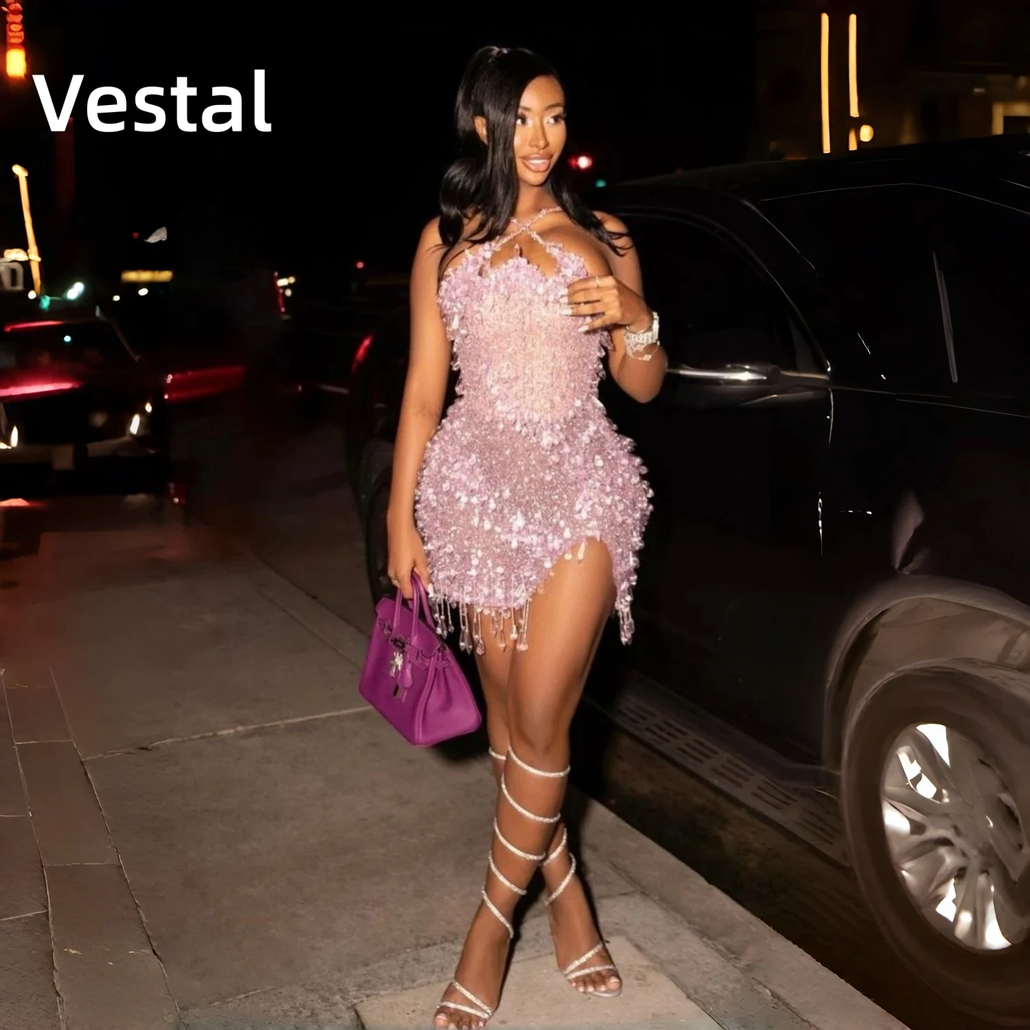 

Pink Halter Rhinestone Beaded Homecoming Dress with Tassel Fringe Short Prom Party Cocktail Gown Customized