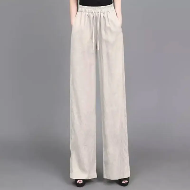 Simplicity Summer Cotton Hemp Pants donna Solid tasche coulisse elastico a vita alta moda pantaloni dritti Casual a gamba larga