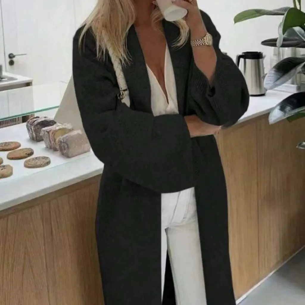 

Женский вязаный кардиган средней длины с v-образным вырезом, утепленный свитер, куртка, повседневная осенне-зимняя верхняя одежда выше колена в ленивом стиле