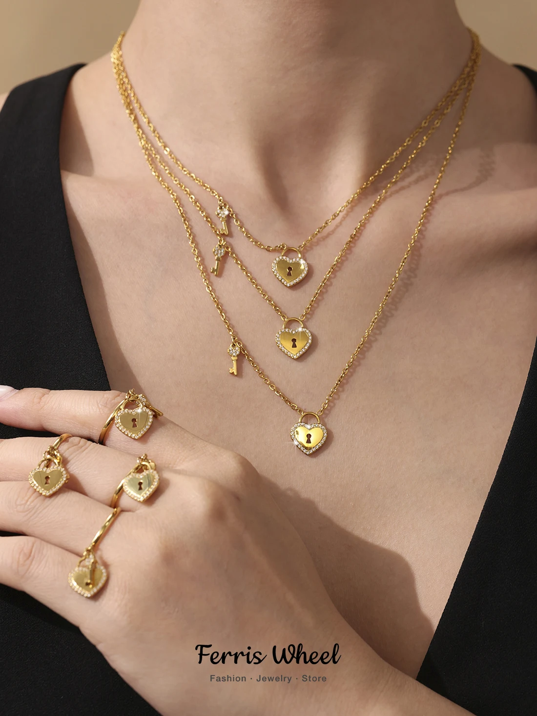 

Gorgeous Luxury Zircon Necklace Ring For Women Heart Lock Pendant Gold Plated Chain Stainless Steel Charm Jewelry Gift