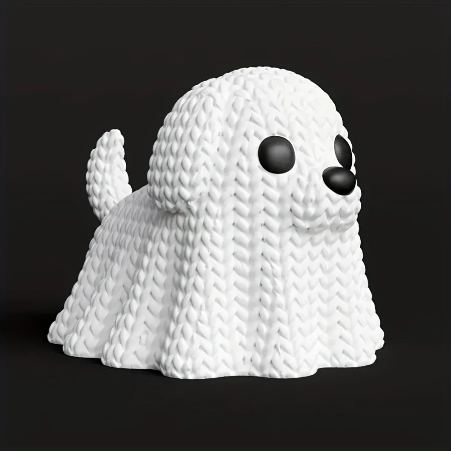 تمثال كلب شبح محبوك، زخرفة شبح كلب الهالوين، اختيار مثالي لتزيين جو الهالوين، مناسب لتزيين حفلات الهالوين الداخلي/الهالوين، سطح الطاولة أو الحديقة أو رف الكتب، زينة المنزل، مثالي للهالوين