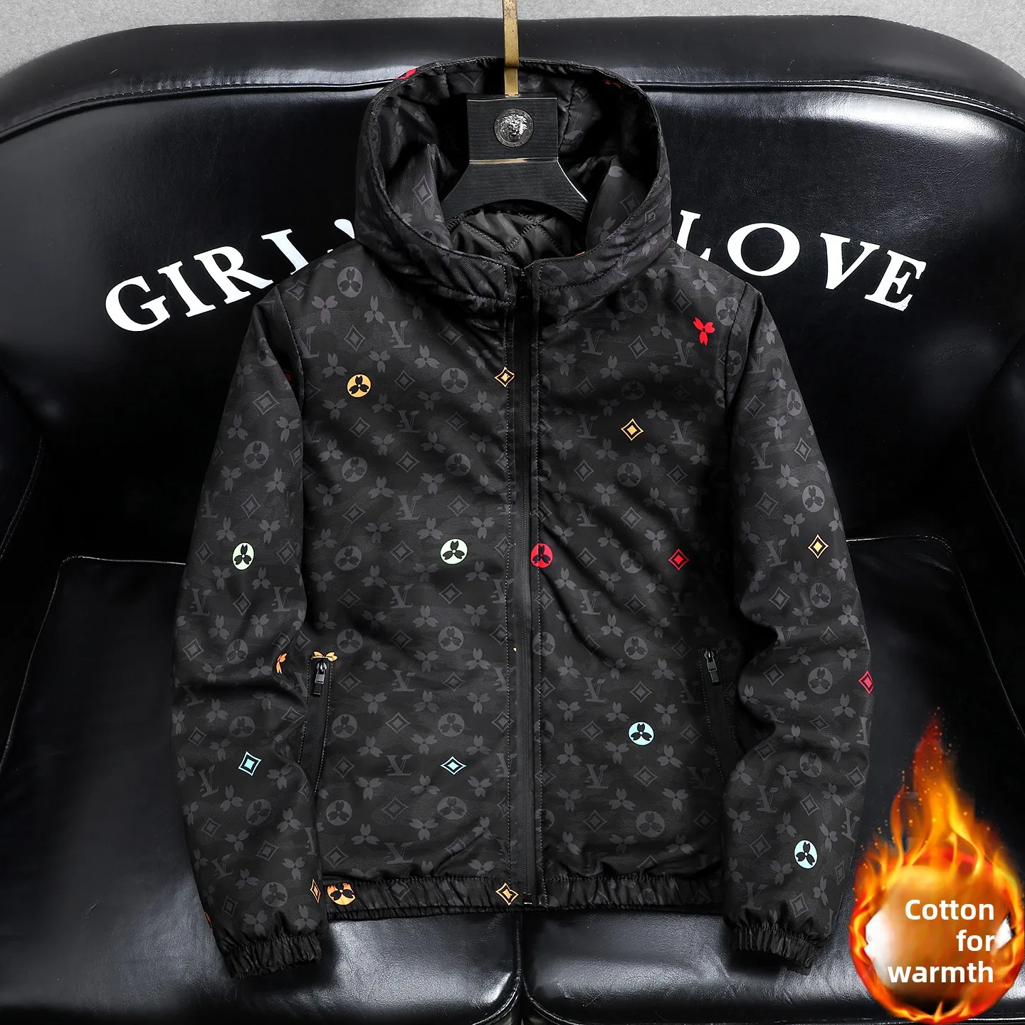 

Men's Faionable Printed Hooded Thiened Cotton Jaet Casual Sle Stand Fit Polyester Fabric Long Sve Zipper Closur...