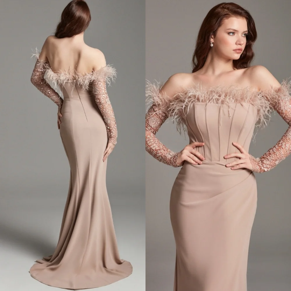 

Customized Mermaid Luxury Jersey Evening Dress Exquisite Off the Shoulder Celebrity Gowns High Quality Court Train Prom Dress