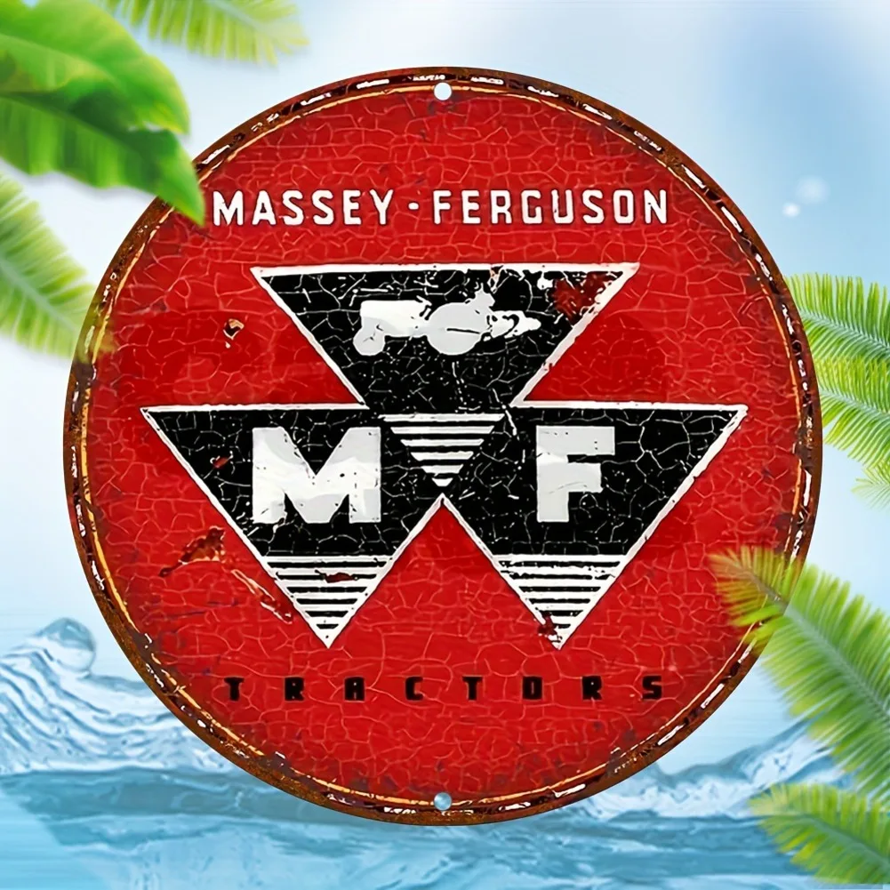 Vintage Massey Ferguson Tractors Round Metal Sign, Distressed Red Logo Farm Wall Decor, Weatherproof Rustic Agricultural Tin Pla