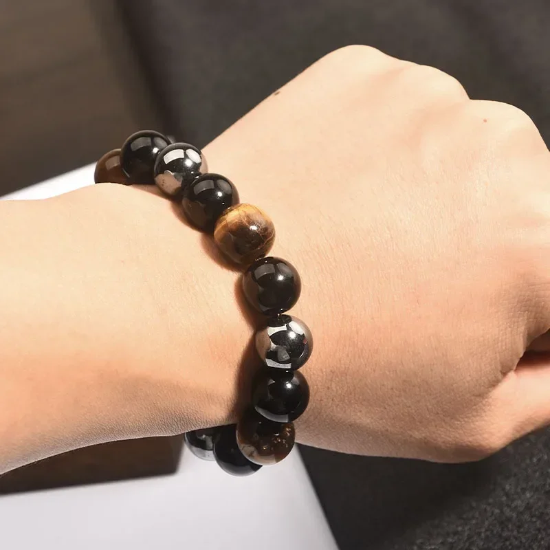 Tiger eye Stone Bead Bracelet For Men And Women 12MM Hematite Obsidian Stone Stretch Bracelet Handmade Jewelry Gift