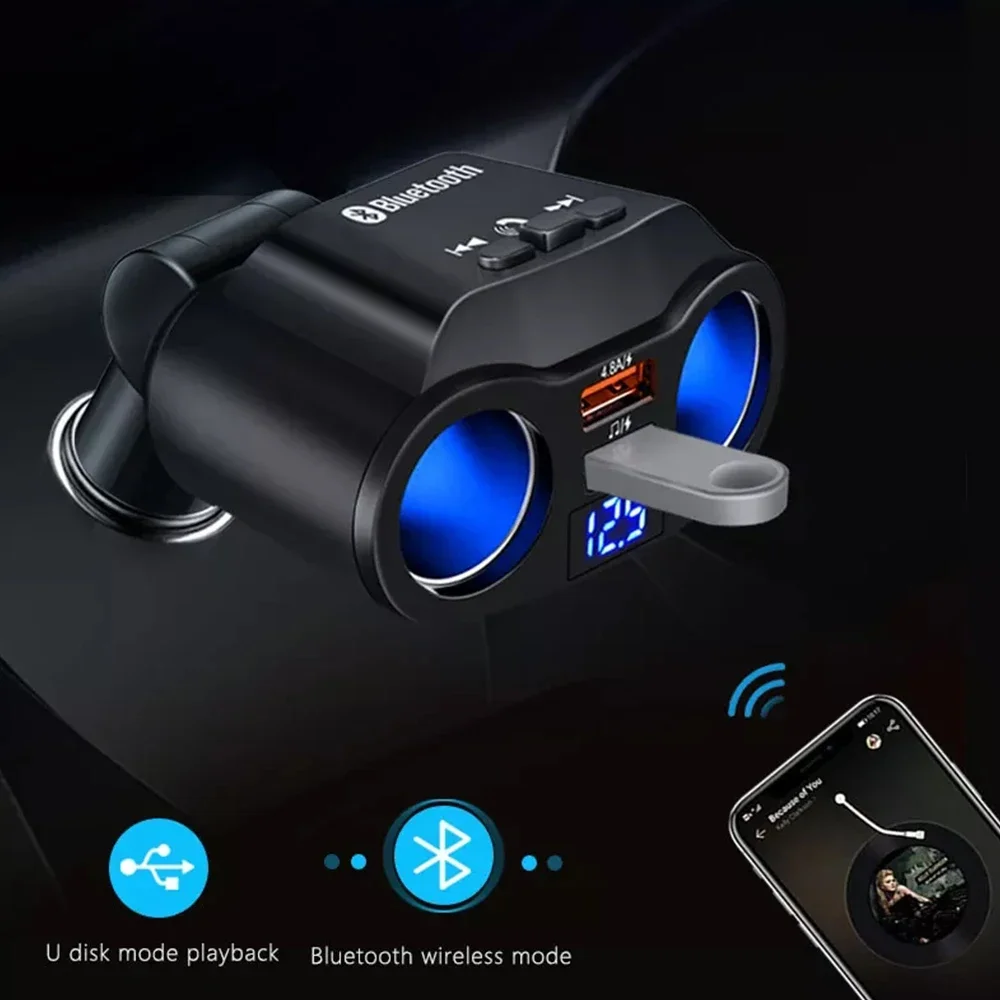 Auto Sigarettenaansteker Splitter Oplader Dual USB QC 3.0 Snel Opladen 12V Auto FM-zenders Bluetooth handsfree bellen Sockets