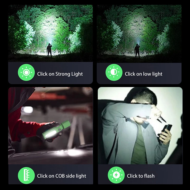 

Strong Bright LED Mini Flashlight With Side Light Torch Type-C Portable Telescopic Zoom Work Light Outdoor Camping Light