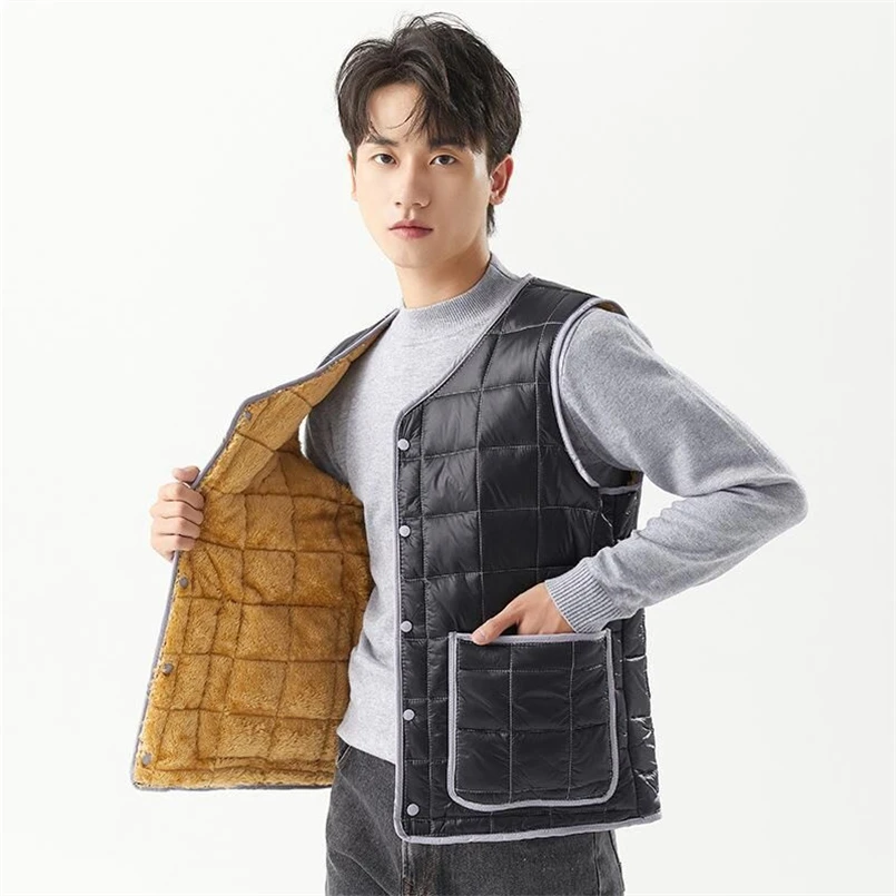 New Winter Men Sleeveless Down Cotton Vest Patchwork Design New Coat Single Breasted Vest Parka Men's Wool Fleece Warm Waistcoat