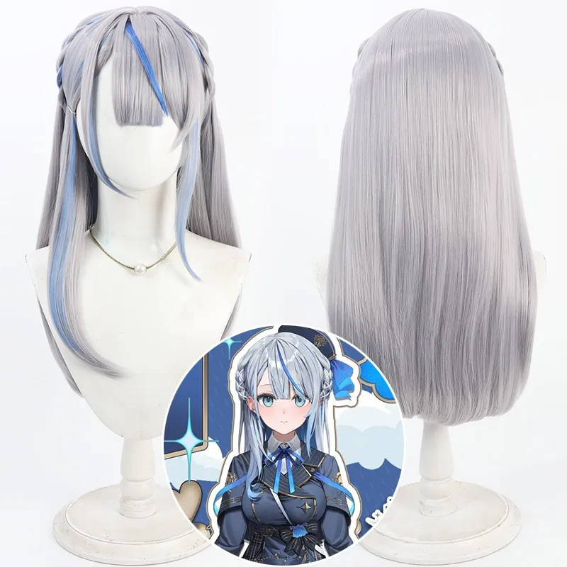 Virtual YouTuber Amagai Ruka Cosplay Wig 70cm Long Silver Gray Mixed Blue Heat Resistant Synthetic Hair