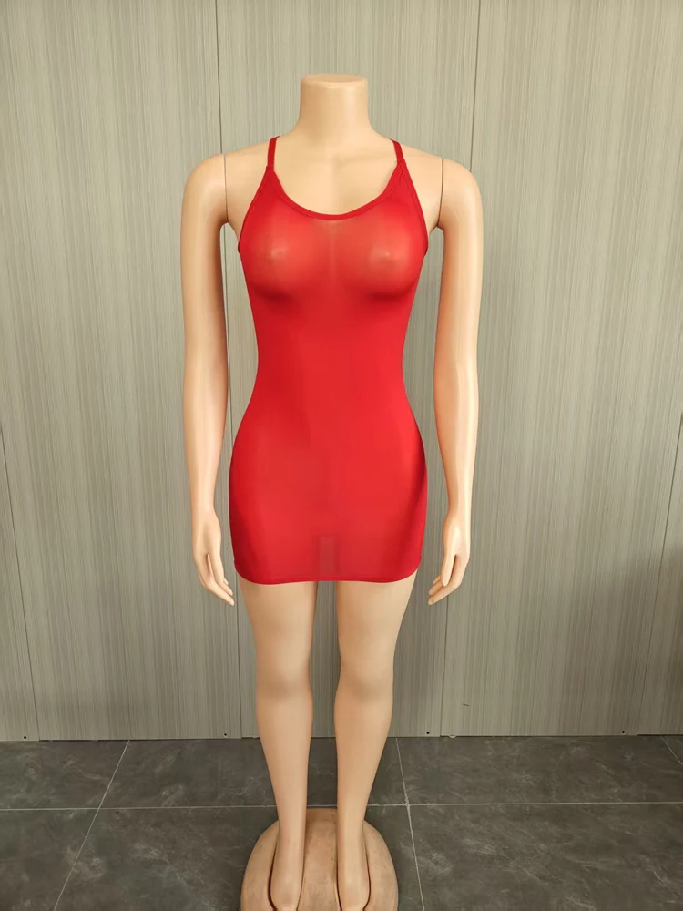 2026 Sommer Damen Sexy Transparentes Mesh-Minikleid mit Spaghettiträgern, V-Ausschnitt, Durchsichtig, Figurbetont, Hochelastisch, für Mitternachtspartys und Clubwear – Detail 8