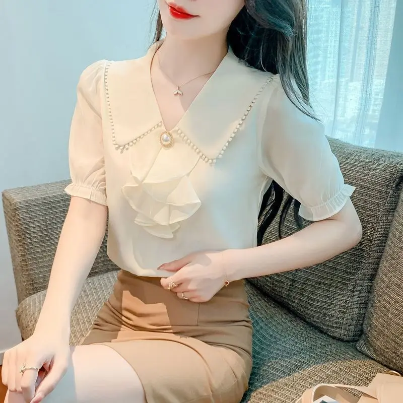 Summer Woman Clothes Chic Ins Elegant Short Sleeve Simplicity Chiffon Shirt Pearl Pure Temperament Tops Fashion Turn-down Collar