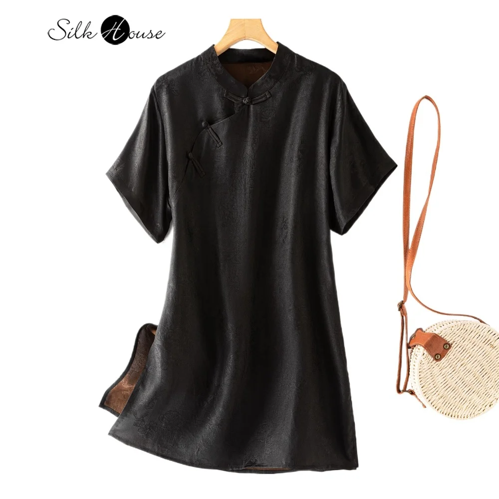 

Stand Collar 100% Natural Mulberry Silk Fragrant Cloud Yarn Jacquard Slant Collar Buckle Short Sleeved Women's Fashion Shirt