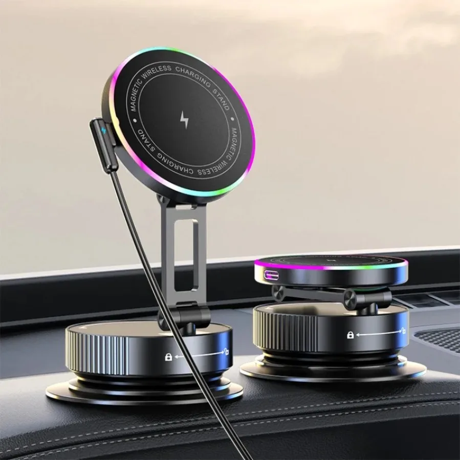 Беспроводное автомобильное зарядное устройство 360° °   Вращающийся складной автомобильный держатель для телефона на приборной панели с RGB-подсветкой для iPhone 17, 16, 14, 13, 12 Pro Max Samsung