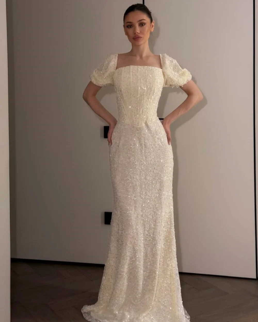 

Customized Luxury Tulle Sequined Beading Mermaid Evening Dress Sparkle Square Sexy Neck Short sleeves Floor Lenght Prom Dresses