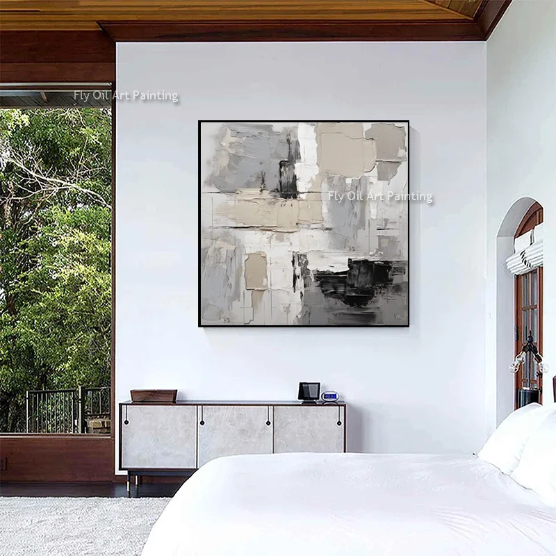 Popular Design Beige White Knife Thick Oil Painting New Simple Handpainted Grey Black Abstract Simple Home Wall Art Decor Items