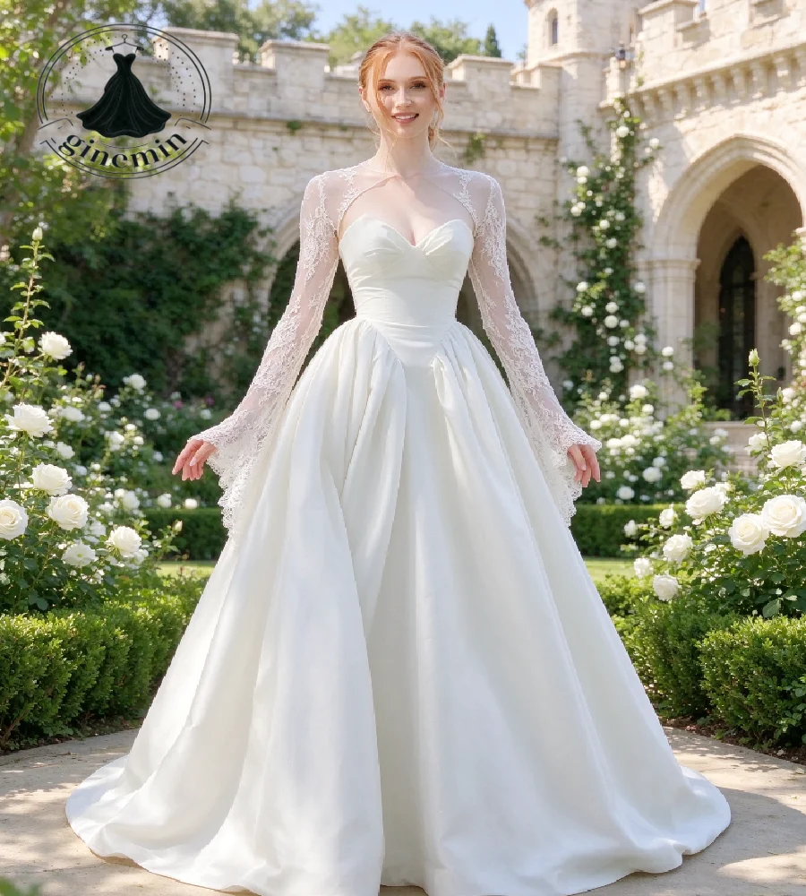 Elegant Garden Boho Wedding Dress A Line Satin Lace Sleeve Bolero Open Back Castle Bridal Gowns Chapel Train Garden Customized