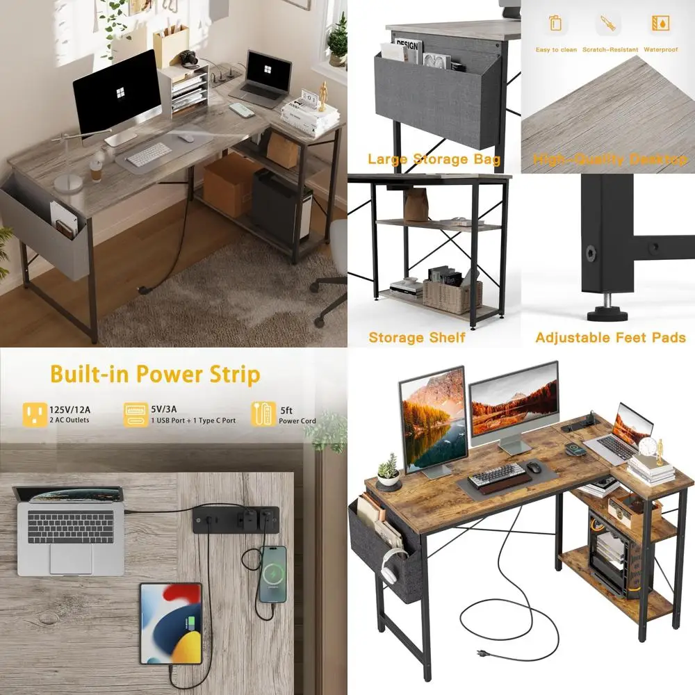 L-Shaped 55 Inch Corner Computer Desk with Power Outlets, Reversible Shelves for Small Spaces, Gaming and Office Use Desk