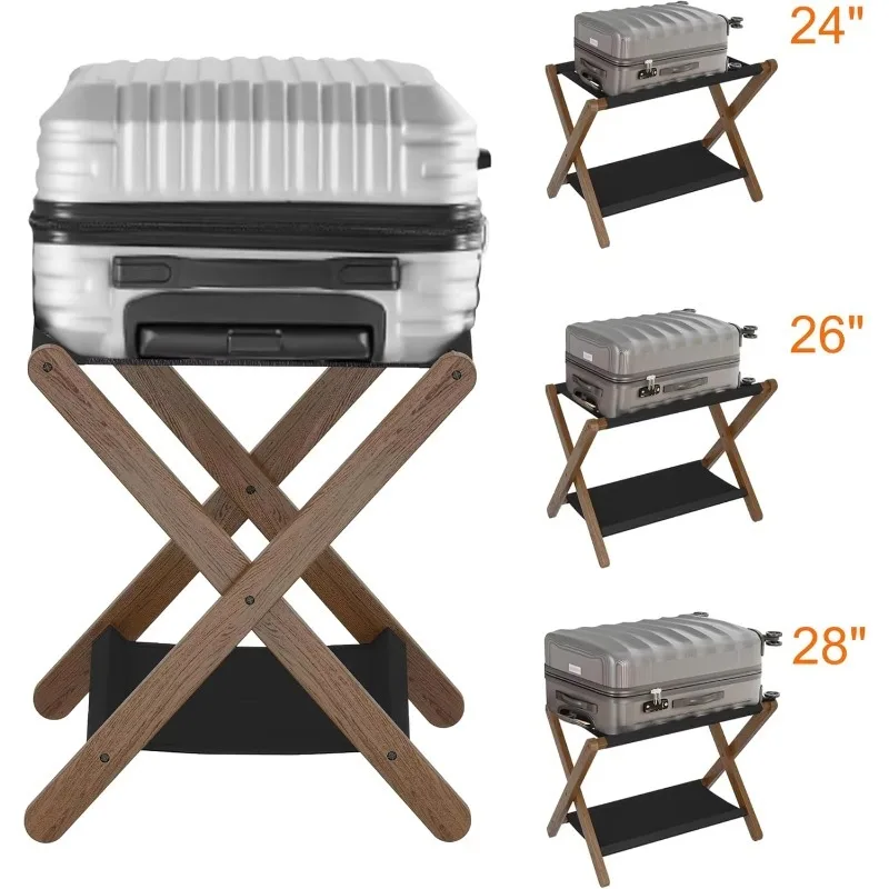 Luggage Rack, Folding Suitcase Stand with Storage Shelf, Luggage Holder with 5 Nylon Straps for Guest Room Bedroom Hotel, Walnut