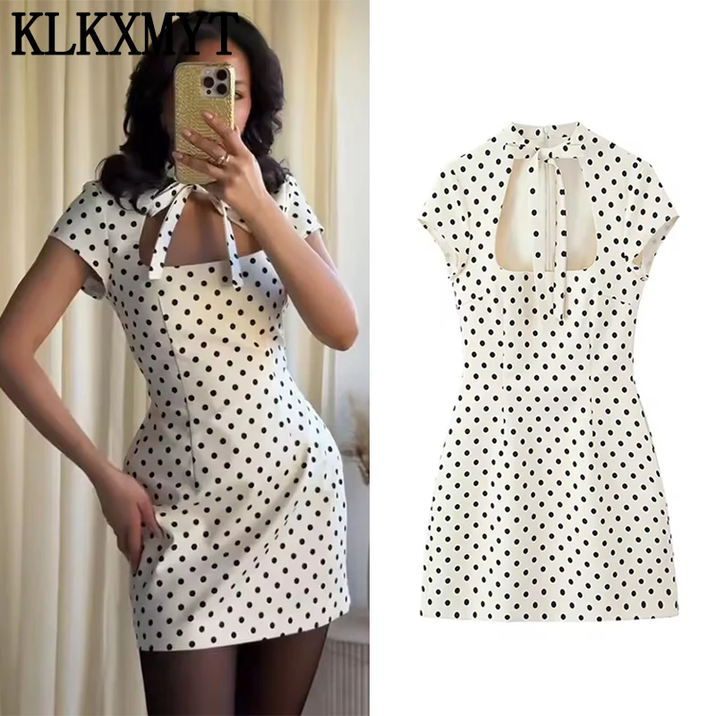 KLKXMYT ﻿   Modische Polka-Dot Sommer-Kurzkleider für Damen mit Schleifenkragen, Elegantes Mini-Kleid mit Kurzen Ärmeln, Schlankes Damenkleid 2026 Neu