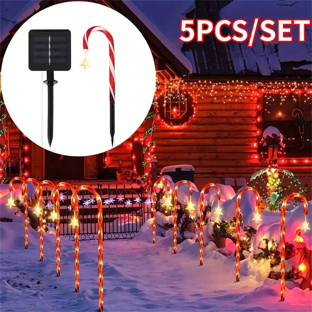 

5Pcs/set Solar LED Candy Cane Crutch Light Christmas Outdoor Garden Pathway Lawn Festival Xmas New Year Candy Decor Colored Lamp