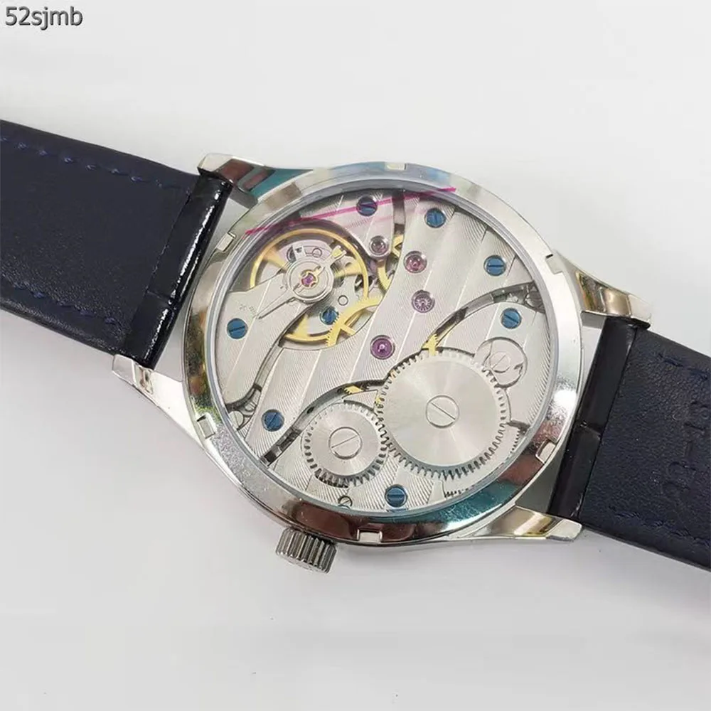 الرجال الفاخرة الميكانيكية ساعة مخصصة GEERVO لا شعار الطلب حزام من الجلد ETA6497 الهيكل العظمي حركة العلبة الميكانيكية الطيار ساعة