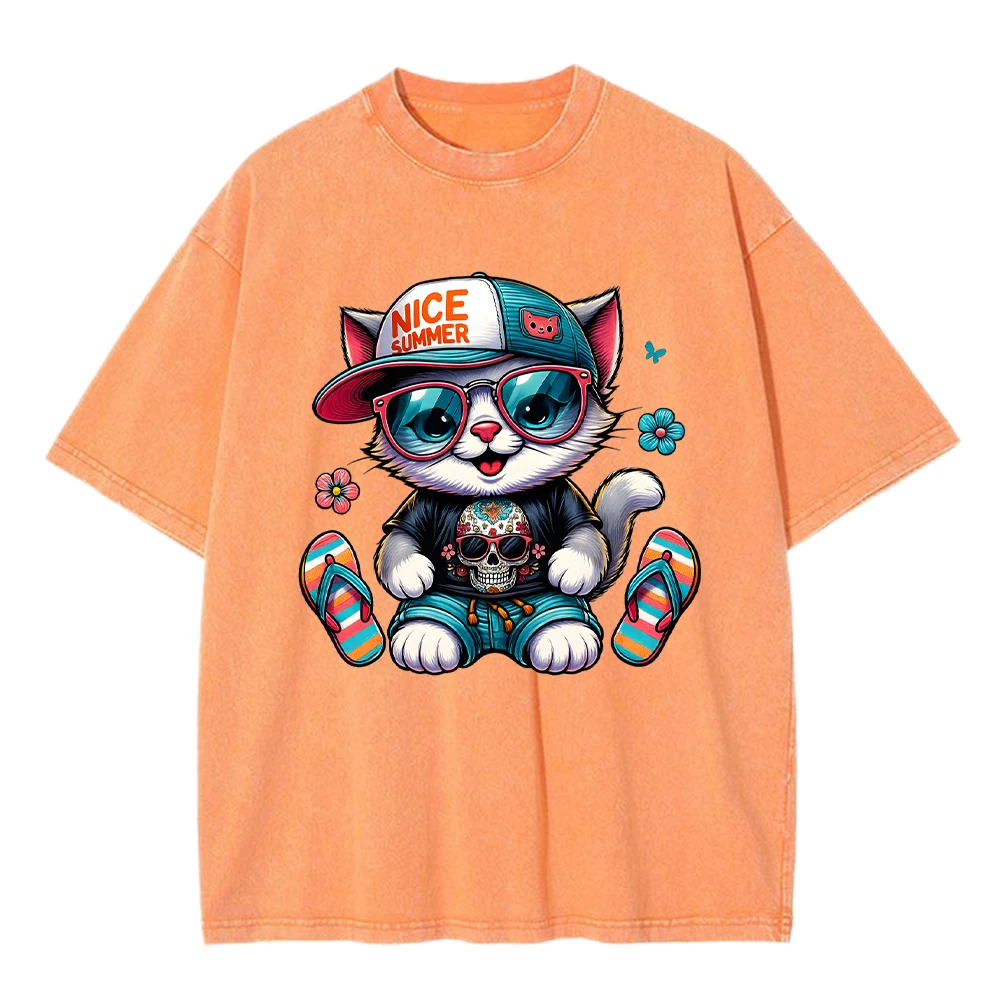 

Fashionable Cartoon Kitten Print Men Washed T-Shirts Hip Hop Cotton T-Shirt Vintage Loose Sportswear Casual Comfortable Clothes