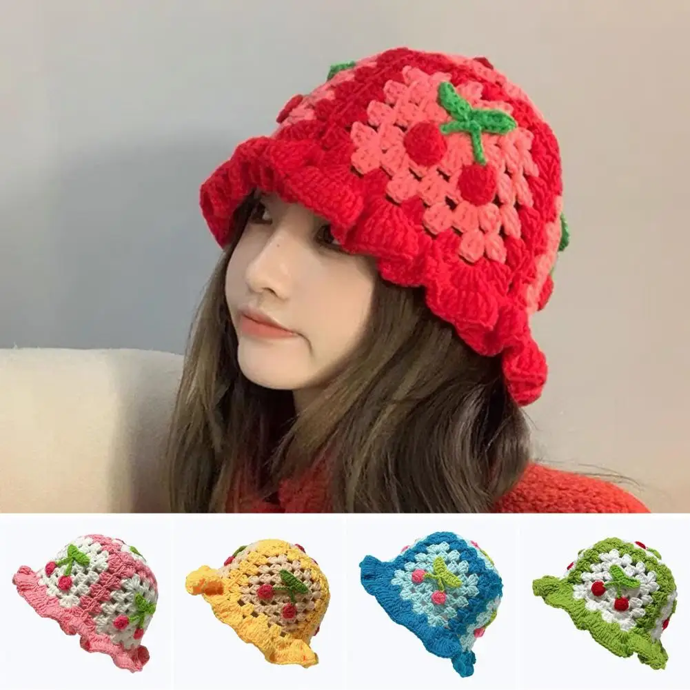 Winter Bucket Hat Handmade Cherry Crochet Bucket Hat for Women Cute Knitted Beanie Cap for Spring Autumn for Vacation Traveling