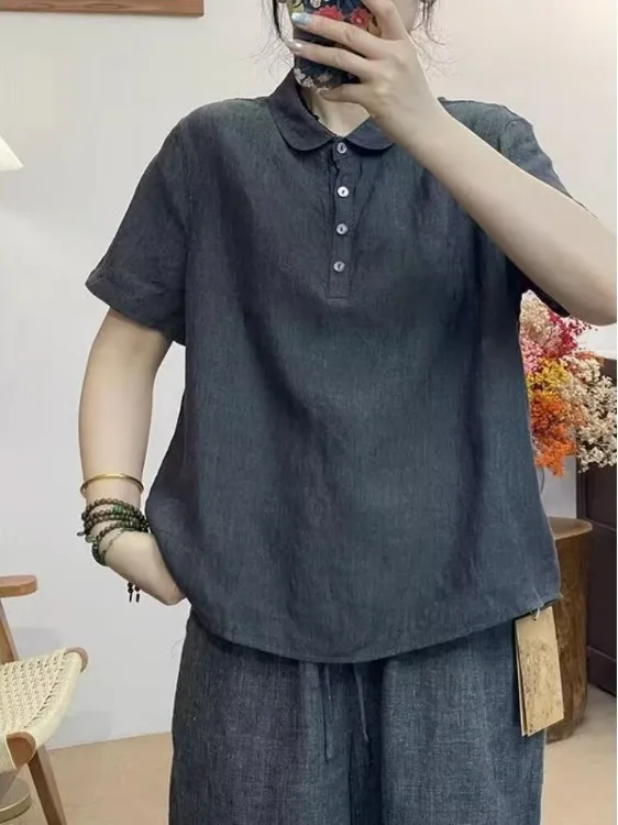 

Хлопково-льняная женская блузка с коротким рукавом в винтажном стиле, свободного кроя, повседневный топ, женская модная одежда, весна-лето, новинка