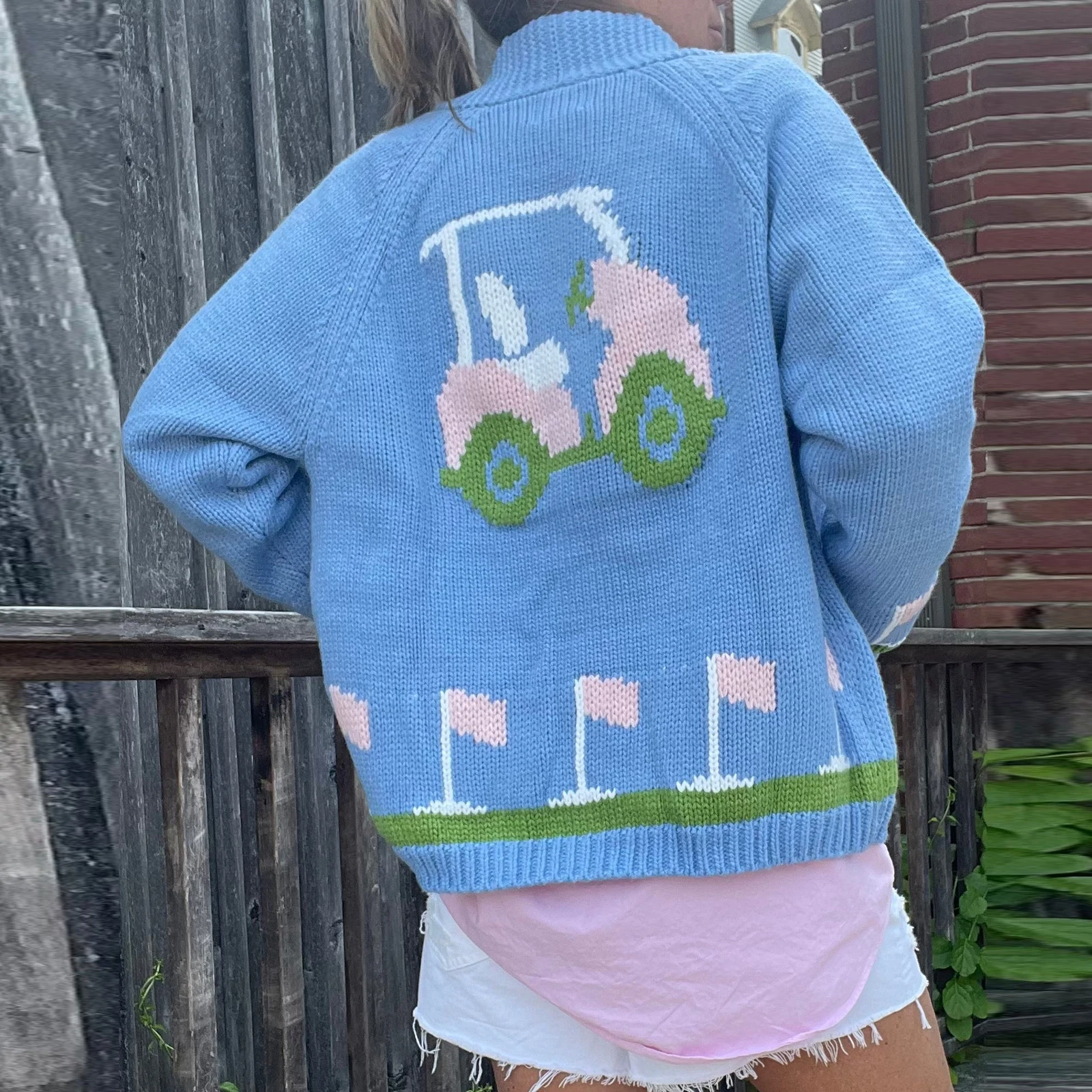 Women s Autumn Loose Cardigan Sweater Golf Car Heart Print Long Sleeve Round Neck Button Down Knitwear