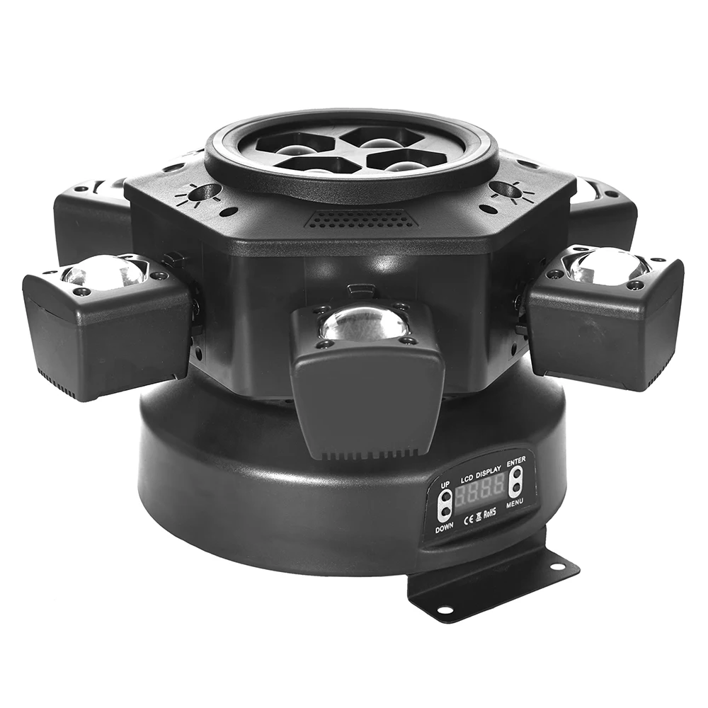 180w 6-Arm 디스코 빔 비 아이 회전 무대 조명 DMX512 RGBW 빔 + RG 레이저 + 흰색/따뜻한 흰색 플래시 + RGB 라이트 스트립