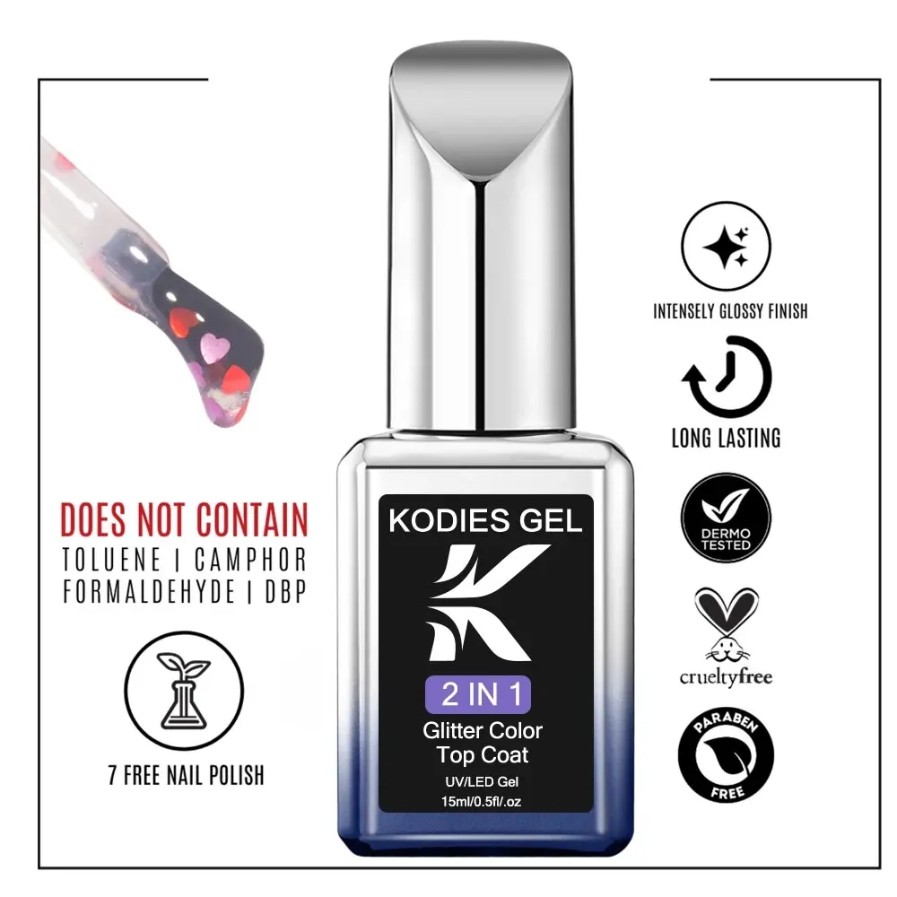 KODIES GEL cuore Top Coat Gel UV smalto per unghie 15ML Glitter coriandoli Manicure Diamond Shine Finish Topper Gel per unghie vernice No Wipe