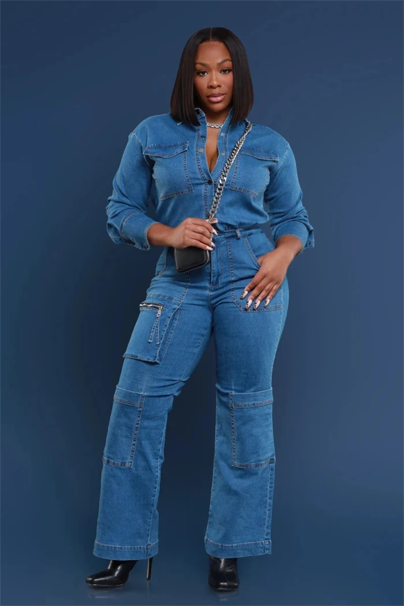 

Streetwear Denim Cargo Jumpsuits Spring Clothing Women Multi Pockets Straight Jeans Rompers Playsuits One Pieces Overalls Outfit