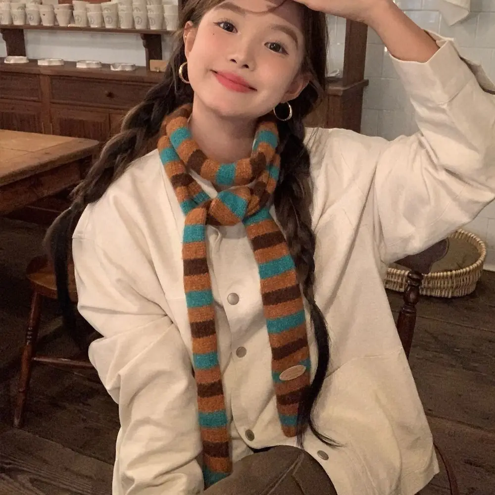 

Soft Korean Style Striped Scarf Narrow Neck Warmer Cashmere Knitted Scarf Windproof Thickened Winter Shawl Women