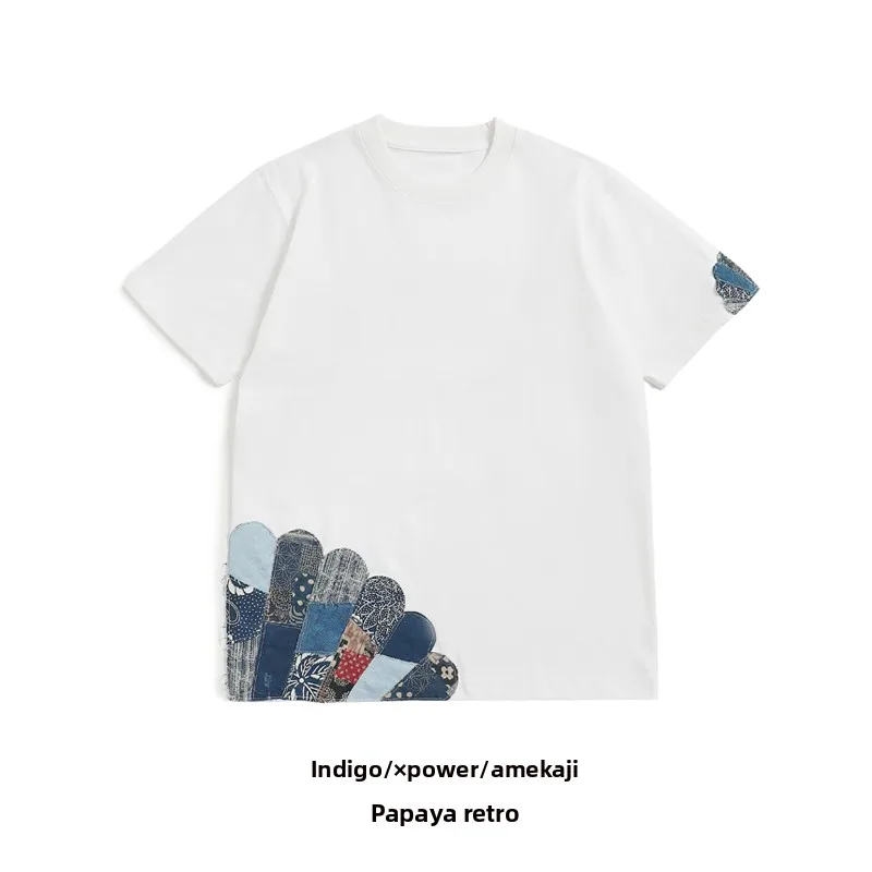 

Summer Heavyweight Pure Cotton Vintage Cloth BORO Patchwork round Ne T-irt Hand Sewn f Sve Blue Dye Ancient irt U...